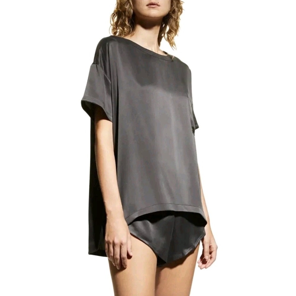 Lunya Washable Silk Oversized Tee Shirt Shorts Set Pajama Grey Sleep Women M